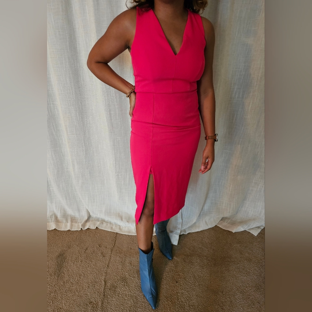 Gabrielle union pink split dress 2 New York company pink midi work date